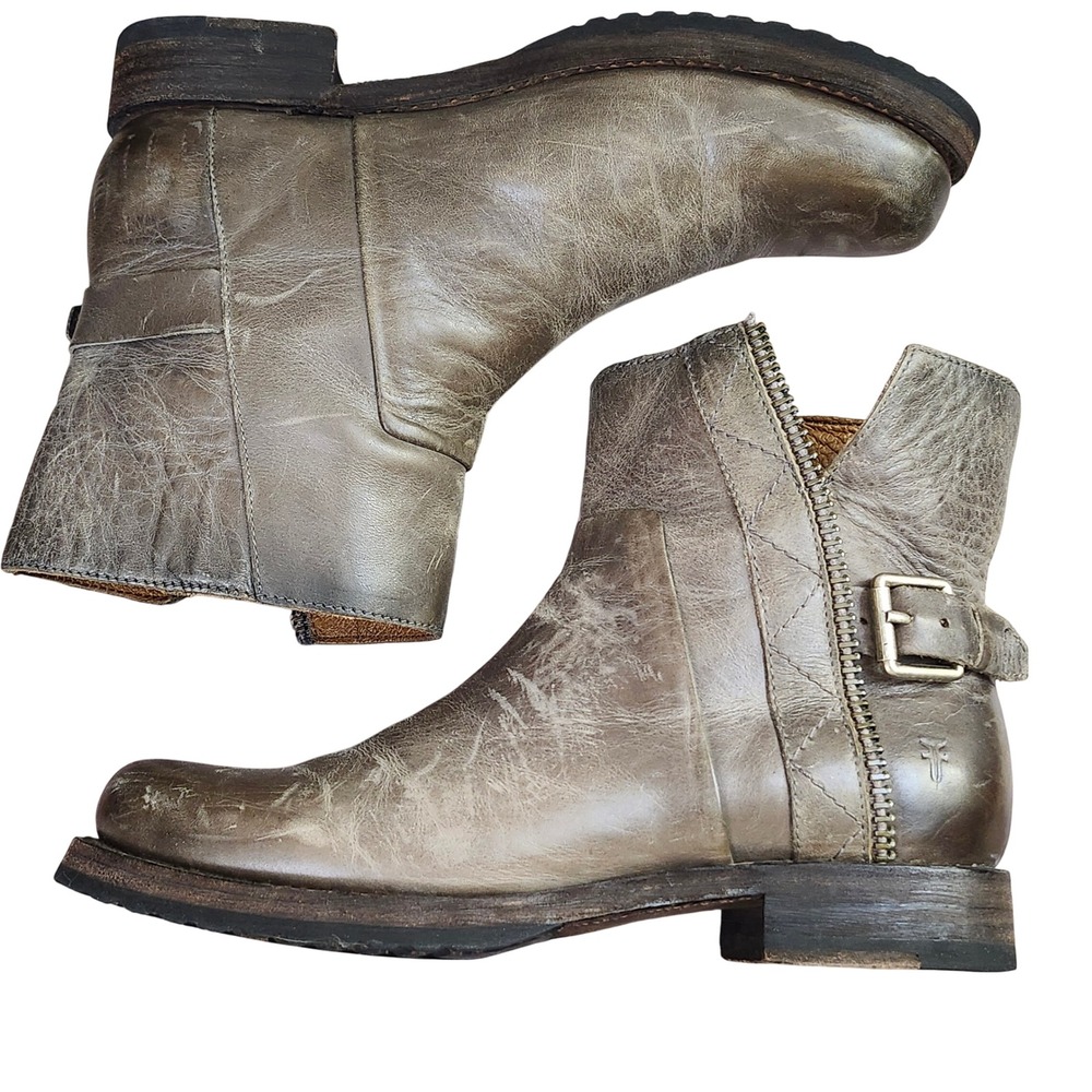 Frye Veronica Zip Moto Buckle Grey Leather‎ pull-on Biker boots Grunge Western